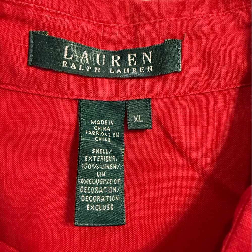 Ralph Lauren Red Linen Button Down Shirt Black Front Button Pockets - Picture 3 of 8